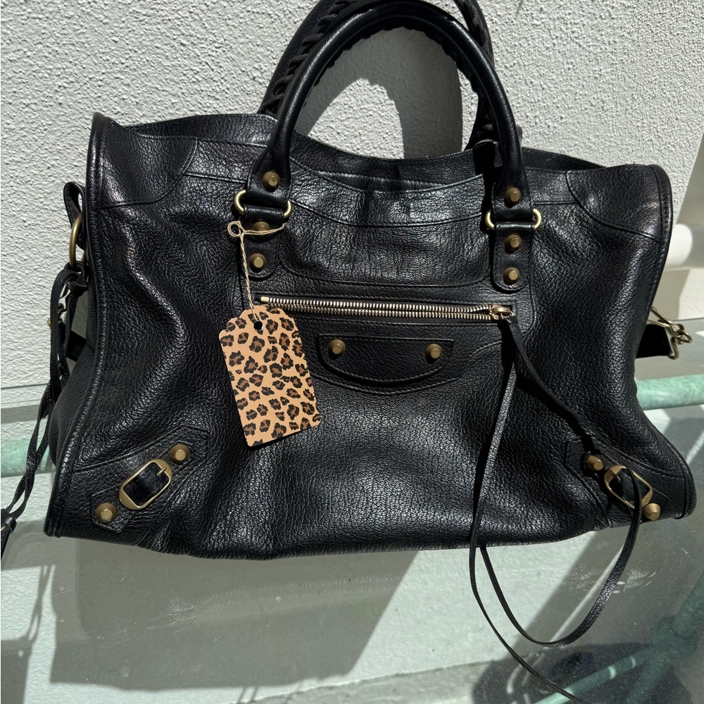 Balenciaga Black Moto bag with Gold Accents